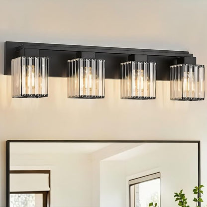 4-Light Black Crystal Vanity Light Bathroom Lighting Fixtures Over Mirror | Wall Sconces with Square Crystal Shades, E26 Socket, Modern Vanity Lights for Bathroom (Bulbs Not Included)