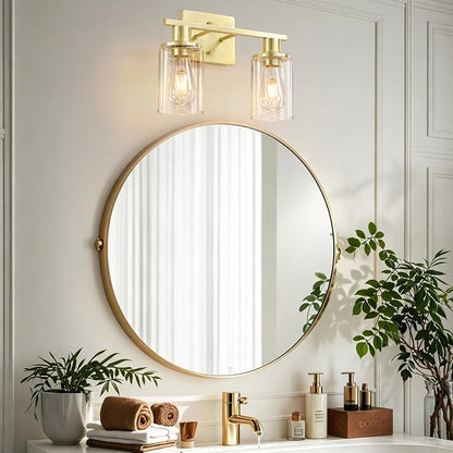 2-Light Gold Bathroom Vanity Light,Brushed Gold Bathroom Light Fixtures Over Mirror with Clear Glass Shade,Modern Wall Sconces Lighting for Kitchen Living Room Cabinet Hallway