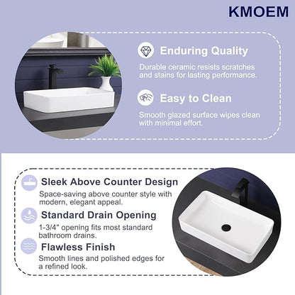 Vessel Sink 24"x14" Rectangular Bathroom Sink Modern White Porcelain Ceramic Above Counter Drop-in Vanity Sink for Bathrooms Art Basin