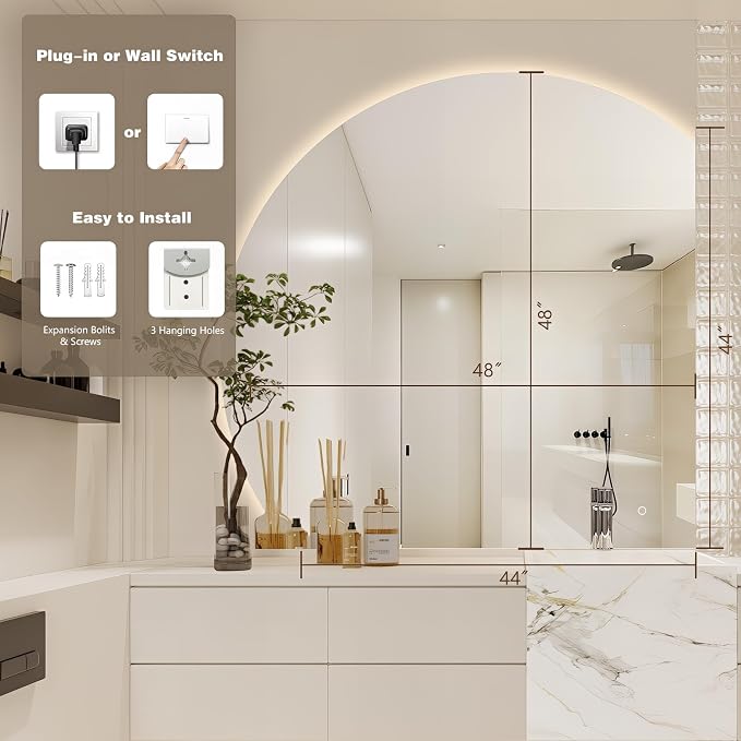 48" Half Moon LED Bathroom Mirror, Backlit Wall Mirror with Lights | Frameless Vanity Mirror with 3 Color Dimmable, Anti Fog, HD Shatter-Proof, IP65 Waterproof, Memory, CRI95+, Right/Left Cut