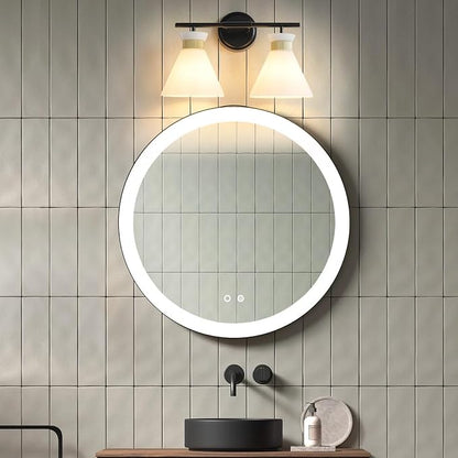 WOSHITU Bathroom Vanity Light Fixtures: 2-Lights Mid Century Modern Vanity Lights for Bathroom, Black and Gold Wall Sconce Lighting with Frosted Milky Glass for Over Mirror Bedroom Hallway