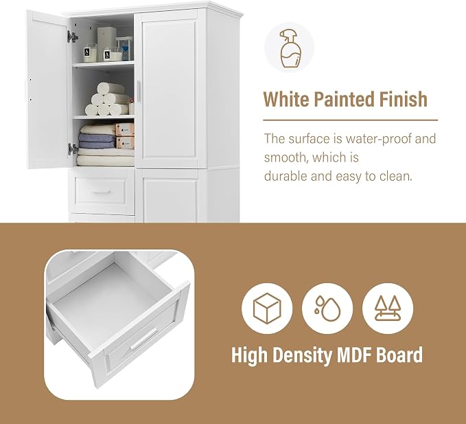 Merax 62.2" Pantry Cabinet with Three Doors & Three Drawers, Adjustable Shelves Storage Cupboard for Kitchen/Dining Room/Bathroom, White