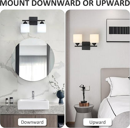 2-Light Matte Black Vanity Light, Modern Bathroom Light Fixtures Over Mirror, Vanity Light with Milky White Glass Shades, Farmhouse Black Wall Sconce, E26 Socket