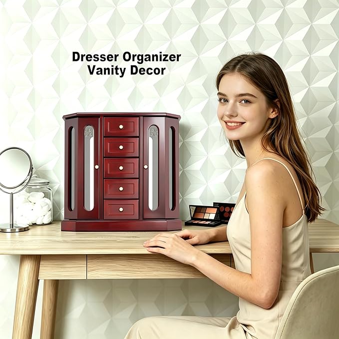 RR ROUND RICH DESIGN Vintage Jewelry Armoire with Mirror Brown | - Solid Wood Jewelry Box Organizer with 5 Drawers & 2 Glass Doors - Large Capacity Desktop Dresser Case