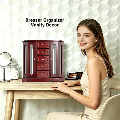 RR ROUND RICH DESIGN Vintage Jewelry Armoire with Mirror Brown | - Solid Wood Jewelry Box Organizer with 5 Drawers & 2 Glass Doors - Large Capacity Desktop Dresser Case