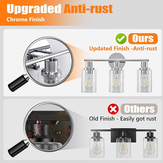 DLLT 3-Light Bathroom Light Fixtures: Chrome Modern Vanity Lights with 3 E26 Bulbs - Clear Glass Shade Bathroom Wall Lamp for Mirror Kitchen Living Room Hallway Cabinet Porch