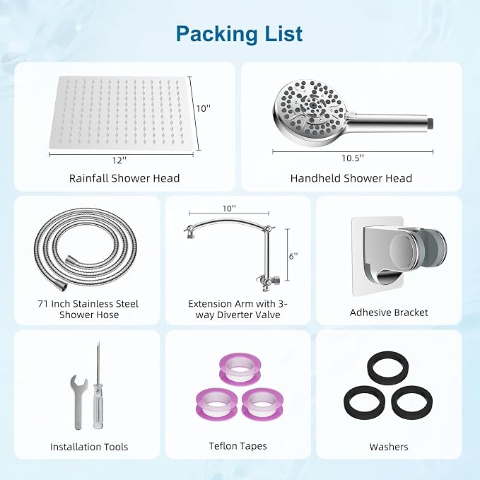 Hibbent All Metal 12" High Pressure Rain Shower Head Combo, Chrome | cUPC Certified Rainfall Shower Head with handheld 10 Sprays, 16'' Adjustable Extension Arm, 71'' Hose, Showerhead Holder