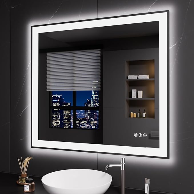 LOAAO 40"X36" LED Bathroom Mirror Black Framed | Anti-Fog, Dimmable, Memory Function, Tempered Glass, Lighted Vanity Mirror for Wall