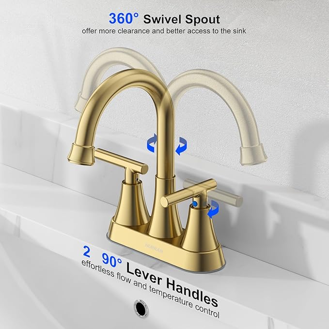 Gold faucet with 360° swivel spout and 90° lever handles on a white background