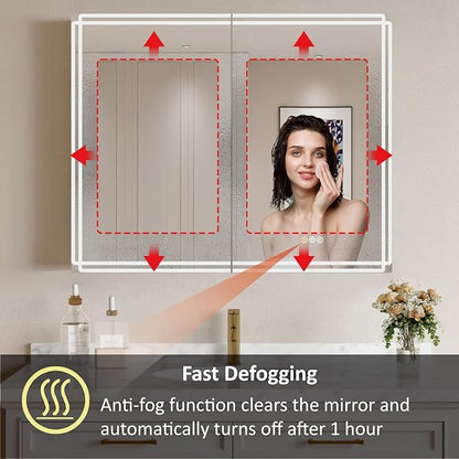 Buruis 32'' x 32'' Medicine Cabinet with Lights and Mirrors, Recessed or Wall Mounted Modern Bathroom Cabinet with 3-Mode Light, Anti-Fog, Dimmable, Memory Function, Outlet, Silver