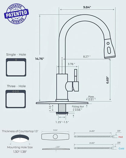 FORIOUS Black Kitchen Faucet with Pull Down Sprayer, High Arc Single Handle Classic Stainless Steel Sink Faucet 1 or 3 Hole, Suitable for Farmhouse Camper Laundry Rv Bar