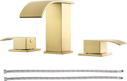 Brushed Gold 8 Inch Waterfall Bathroom Faucet - Bathroom Faucets for Sink 3 Hole, Widespread Bathroom Sink Faucet 2 Handles, Modern Vanity Faucets, with cUPC Supply Lines