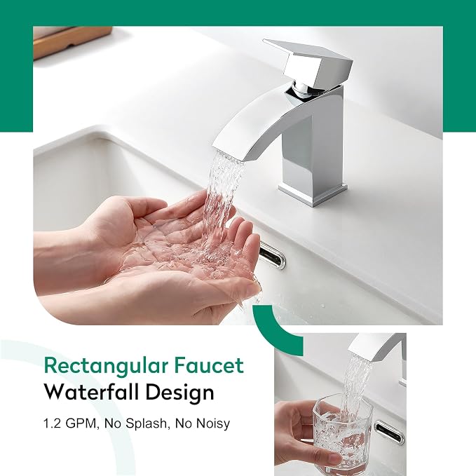 CREA Chrome Waterfall Bathroom Faucet Single Hole,Chrome Bathroom Sink Faucet 1 Hole Single Handle Bathroom Faucet with Pop Up Drain Stopper/ 3 Hole Plate Stainless Steel RV Vanity Faucet