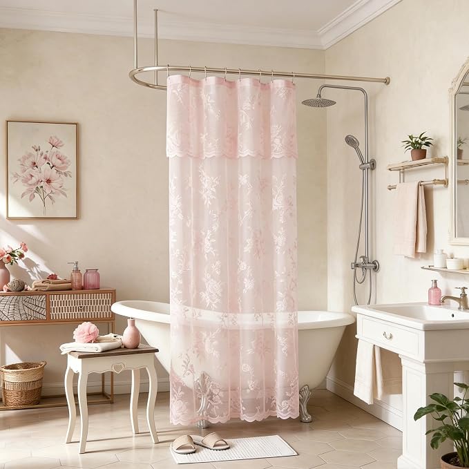 SEEKRIGHT Pink Lace Shower Curtain with Attached Valance Romantic Floral Shower Curtain Cute Scalloped Edge Lace Shabby Chic Bath Curtains for Spa Hotel Bathroom Farmhouse Decor, 1 Panel, 36x72