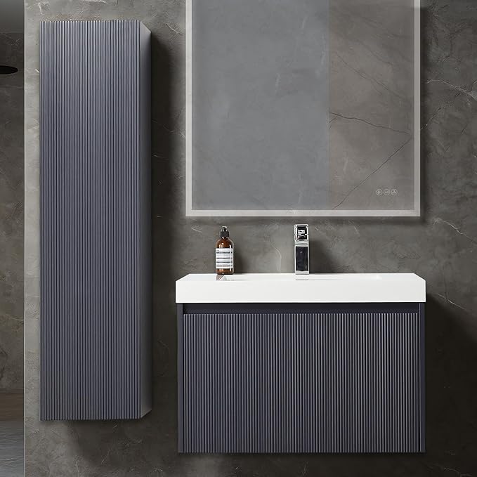 Blossom 30 Inch Bathroom Vanity with Sink and Side Cabinet, All Wood Floating Bathroom Vanity with Acrylic Sink, Bathroom Sink Cabinet with Soft-Close Drawer, Modern Style Vanities, Night Blue