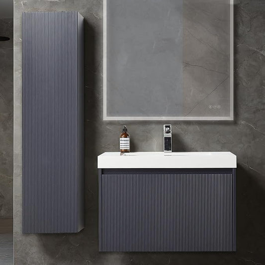 Blossom 30 Inch Bathroom Vanity with Sink and Side Cabinet, All Wood Floating Bathroom Vanity with Acrylic Sink, Bathroom Sink Cabinet with Soft-Close Drawer, Modern Style Vanities, Night Blue