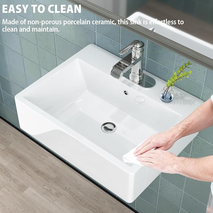 21"x16" White Ceramic Wall Mount Floating Bathroom Vessel Sink | Wall Mount Bathroom Sink Rectangle Vanity Vessel Bathroom Sink