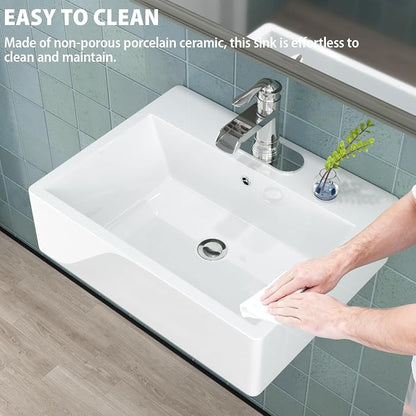 21"x16" White Ceramic Wall Mount Floating Bathroom Vessel Sink | Wall Mount Bathroom Sink Rectangle Vanity Vessel Bathroom Sink