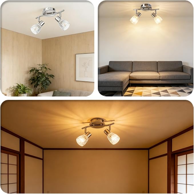 HiBay 2-Light Track Lighting, Directional Ceiling Light Fixture | with Glass Shades, Modern Chrome Spotlight Indoor for Kitchen, Bedroom, Living Room, E12 Base, No Bulbs