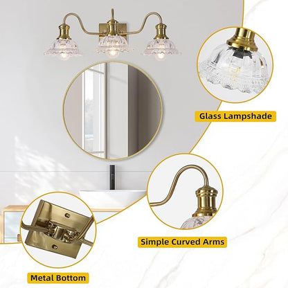 Champagne Gold Vanity Lights, 3-Light Bathroom Light Fixtures with Clear Glass Shade, Vintage Vanity Lights Over Mirror, Farmhouse Wall Light for Bathroom, Vanity Table, Bedroom, Hallway