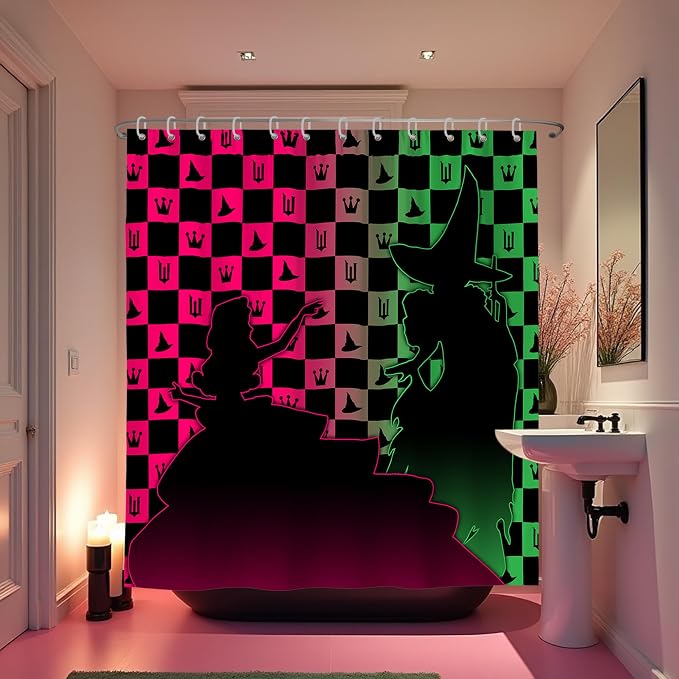 Pink Green Witchy Checkered Magic Hat Crown Shower Curtain Set 72x72 Inches | Pink Green Witchy Magic Hat Crown Checkered Print, Tv Show Home Guest Housewarming Fantasy Fan Bathroom Decor, With Hooks