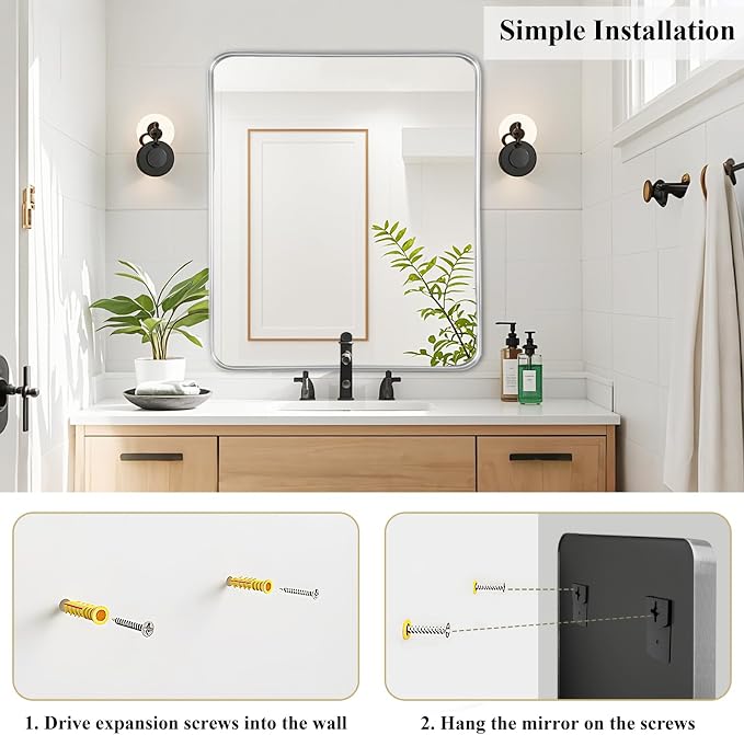 Silver Bathroom Vanity Mirror Over Sink 30x36, Large Wall Chrome Mirror | Fabuday Matte Metal Brushed Nickel Framed Rectangle Mirror for Living Room, Bedroom, Entryway Decor, Wall Mounted