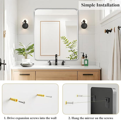 Silver Bathroom Vanity Mirror Over Sink 30x36, Large Wall Chrome Mirror | Fabuday Matte Metal Brushed Nickel Framed Rectangle Mirror for Living Room, Bedroom, Entryway Decor, Wall Mounted