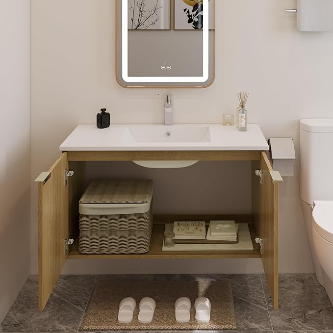 Modern Bathroom Vanity with Wavy Textured Doors - Wall Mounted Floating Cabinet, Soft-Close Waterproof Storage for Small Bathroom, Easy Install (Nature Without Sink, 36)