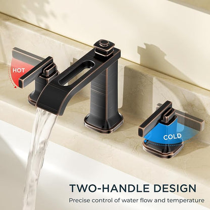 FORIOUS Bathroom Faucet 3 Hole Widespread Sink Faucets Oil Rubbed Bronze | 3-hole 4-12 Inch Widespread Sink, Square Waterfall Spout, with Drain and Hoses,for Vanity Rv Commercial Lavatory Restroom