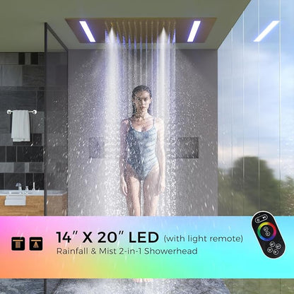 Luxury 20x14in LED Rainfall Mist Dual Shower System Can Run Togther | Brushed Gold 4-way Thermostatic Digital Display Brass Valve, Ceiling Flush Showerhead and 6in Tilt Shower, Brass Handheld