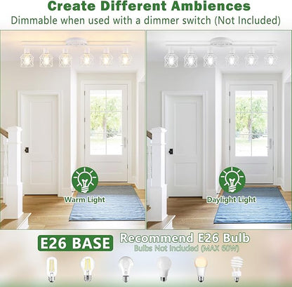 6-Lights White Semi Flush Mount Ceiling Light with Geometric Metal Cage, Modern Kitchen Track Lighting Fixtures Ceiling, Rotatable Close to Ceiling lamp for Entryway, Living Room, Hallway