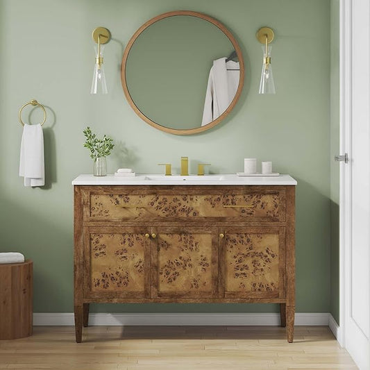 Modway Elysian 48" Burl Wood Single Bathroom Vanity in White Brown with Ceramic Sink Basin