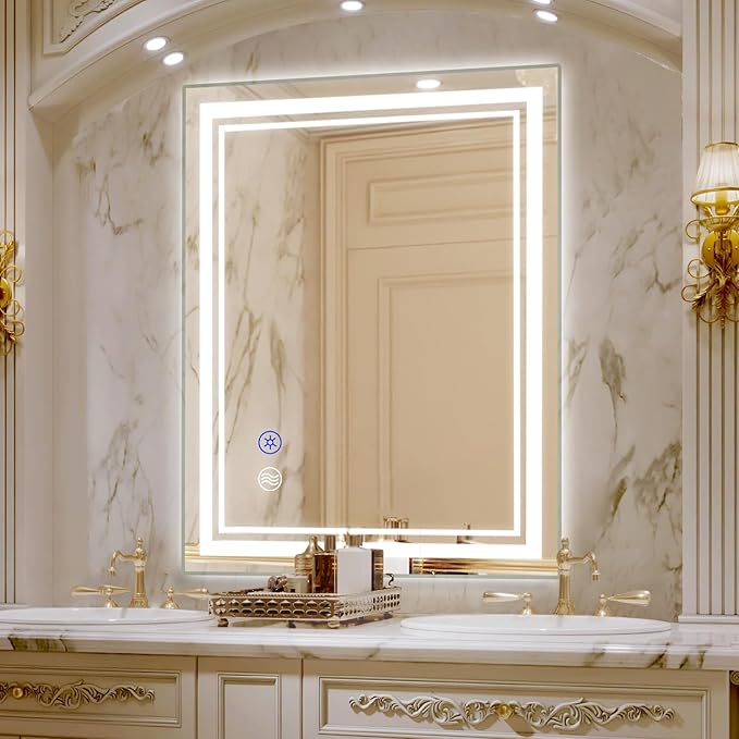 SaniteModar Bathroom Mirror with Lights 32x24 in, Led Mirror for Bathroom, Led Bathroom Mirror, 3 Color Dimmable, Anti Fog, Touch Button, CRI90+, Horizontal/Vertical