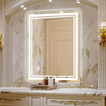SaniteModar Bathroom Mirror with Lights 32x24 in, Led Mirror for Bathroom, Led Bathroom Mirror, 3 Color Dimmable, Anti Fog, Touch Button, CRI90+, Horizontal/Vertical
