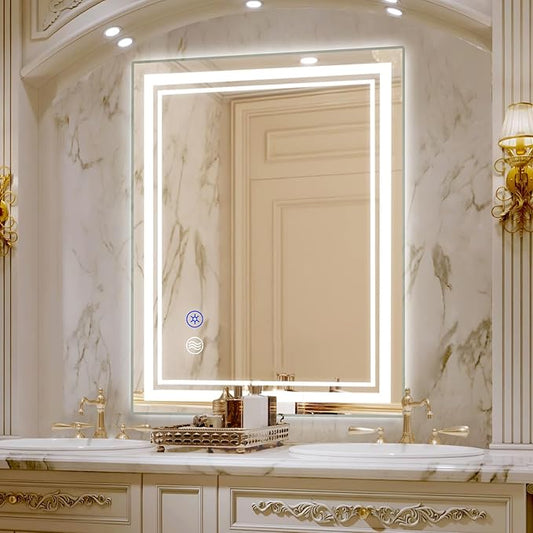 SaniteModar Bathroom Mirror with Lights 32x24 in, Led Mirror for Bathroom, Led Bathroom Mirror, 3 Color Dimmable, Anti Fog, Touch Button, CRI90+, Horizontal/Vertical