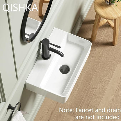 Wall Mounted Bathroom Vessel Sink, QISHKA 18" X 11" Rectangular Floating Ceramic Wash Hand Basin White Wall Hung Vanity Sink for Bathroom and Cloakroom