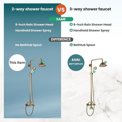 gotonovo Antique Brass Shower System 8 Inch Rainfall Shower Head Handheld Spray Double Cross Handle Bathroom Shower Faucet Wall Mount