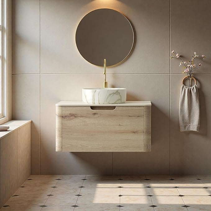 Bathroom Vanity with Sink, 30" Wall-Mounted Bathroom Storage Cabinet with Round Ceramic Basin & Soft-Close Undermount Drawer, Modern Pre-assembled Floating Vanity with Curved Design, White Oak