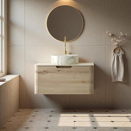 Bathroom Vanity with Sink, 30" Wall-Mounted Bathroom Storage Cabinet with Round Ceramic Basin & Soft-Close Undermount Drawer, Modern Pre-assembled Floating Vanity with Curved Design, White Oak