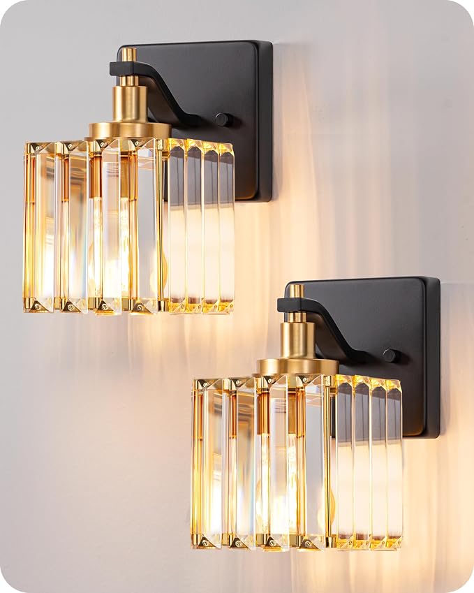 EDISHINE Black Gold Bathroom Vanity Light Fixtures with Crystal Shade, E26 | Set of Two, 1-Light, Up Down Mounting, Wall Sconces for Bathroom, Powder Room, Dressing Areas