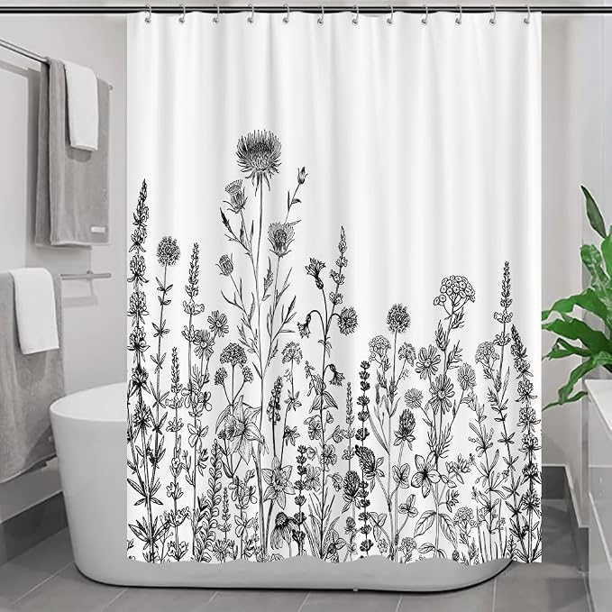 GOAOK Vintage Boho Shower Curtain Black and White Theme, Floral Aesthetic Dark Wildflower Botanical Flowers Shower Curtain for Bathroom with Hook, Farmhouse Plant Art Chic Shower Curtain 60X72