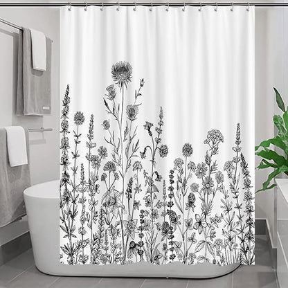 GOAOK Vintage Boho Shower Curtain Black and White Theme, Floral Aesthetic Dark Wildflower Botanical Flowers Shower Curtain for Bathroom with Hook, Farmhouse Plant Art Chic Shower Curtain 60X72