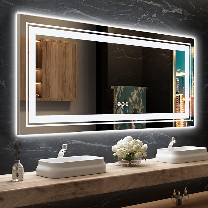 Snowdool LED Bathroom Mirror, 72"X32" with Front and Backlit, Anti-Fog, Large Bathroom Vanity Mirror for Wall, Memory Function, Stepless Dimmable, Tempered Glass (Horizontal/Vertical) | Front and Backlit, Stepless Dimming, Anti-Fog, Memory Function