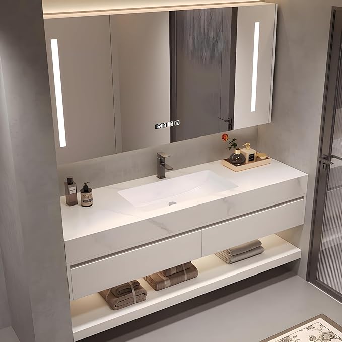 28 Inch Modern Bathroom Vanity Set with LED Storage Mirror - Waterproof Multi-Layer Wood Cabinet, Quartz Stone Top & Ceramic Sink, Seamless Design for Easy Cleaning, White‌