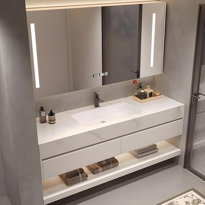 36 Inch Modern Bathroom Vanity Set with LED Storage Mirror - Waterproof Multi-Layer Wood Cabinet, Quartz Stone Top & Ceramic Sink, Seamless Design for Easy Cleaning, White‌
