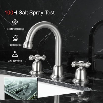 RKF Bathroom Faucets for Sink 3 Hole Brushed Nickel 8 inch Widespread Bathroom Sink Faucet with Drain 2 Handles Cross Knobs Faucet Bathroom Vanity Basin Mixer Tap CWF039-BN