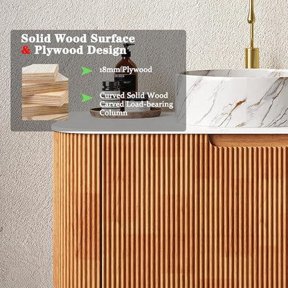60'' Bathroom Vanities Cabinet with Sink, Wall Mounted Floating Cabinet W/Curved Edges Stripes, Oak Plywood, Soft-close System with 2 Drawer & 2 White Round Ceramic Basin - Kiel, Natural Wood/S