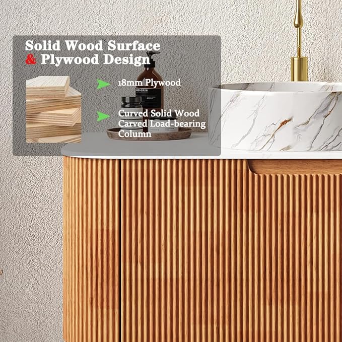 36'' Bathroom Vanities Cabinet with Sink Combo, Wall Mounted Floating Cabinet W/Curved Edges Stripes, Oak Plywood, Soft-close System with a Drawer, White Round Ceramic Basin - Kiel, Natural Wood/S