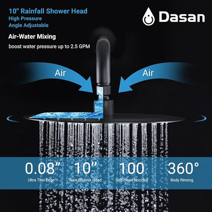 DASAN Tub Shower Faucets Sets Complete Bathtub Faucet Set Matte Black Bathtub Shower System with Tub Spout, Bathroom Tub and Shower Faucet Combo Trim Kit with Rough-in Valve, DA-SS03AMB-R10W