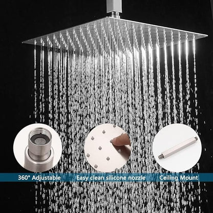 16 Inch Ceiling Mount Brushed Nickel Shower System Bathroom Luxury Rain Mixer Shower Combo Set Ceiling Rainfall Shower Head System (Contain Shower Faucet Rough-in Valve Body and Trim Kit)